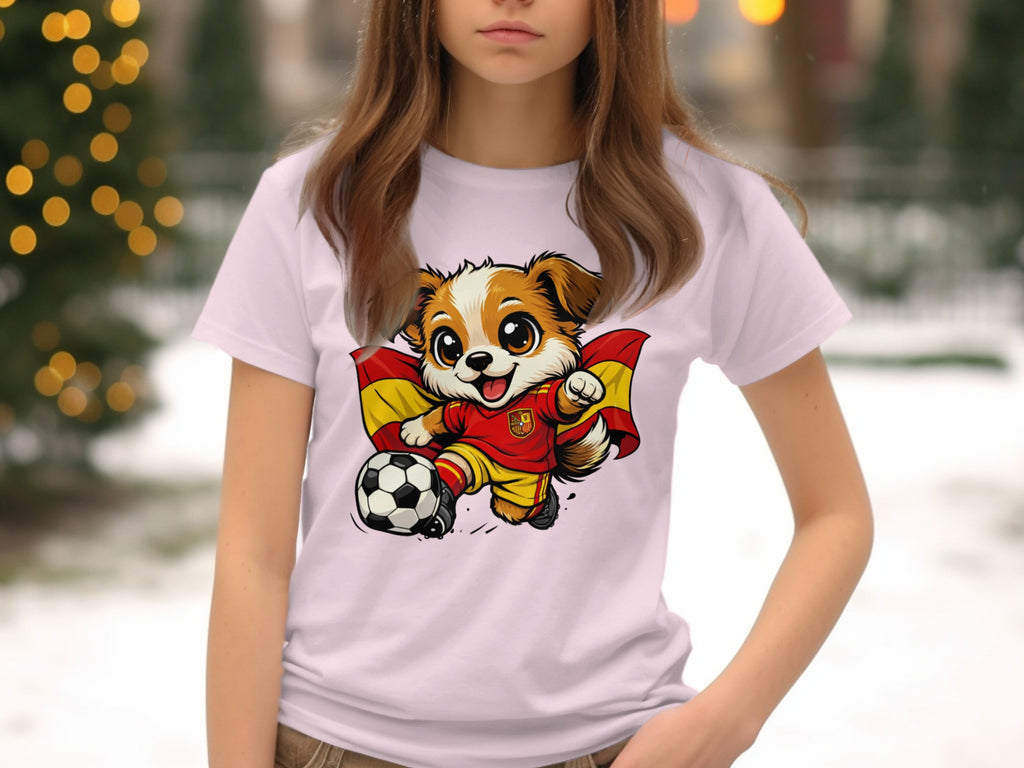Cartoon dog in Spain soccer uniform kicks a ball, draped in Spanish flag.