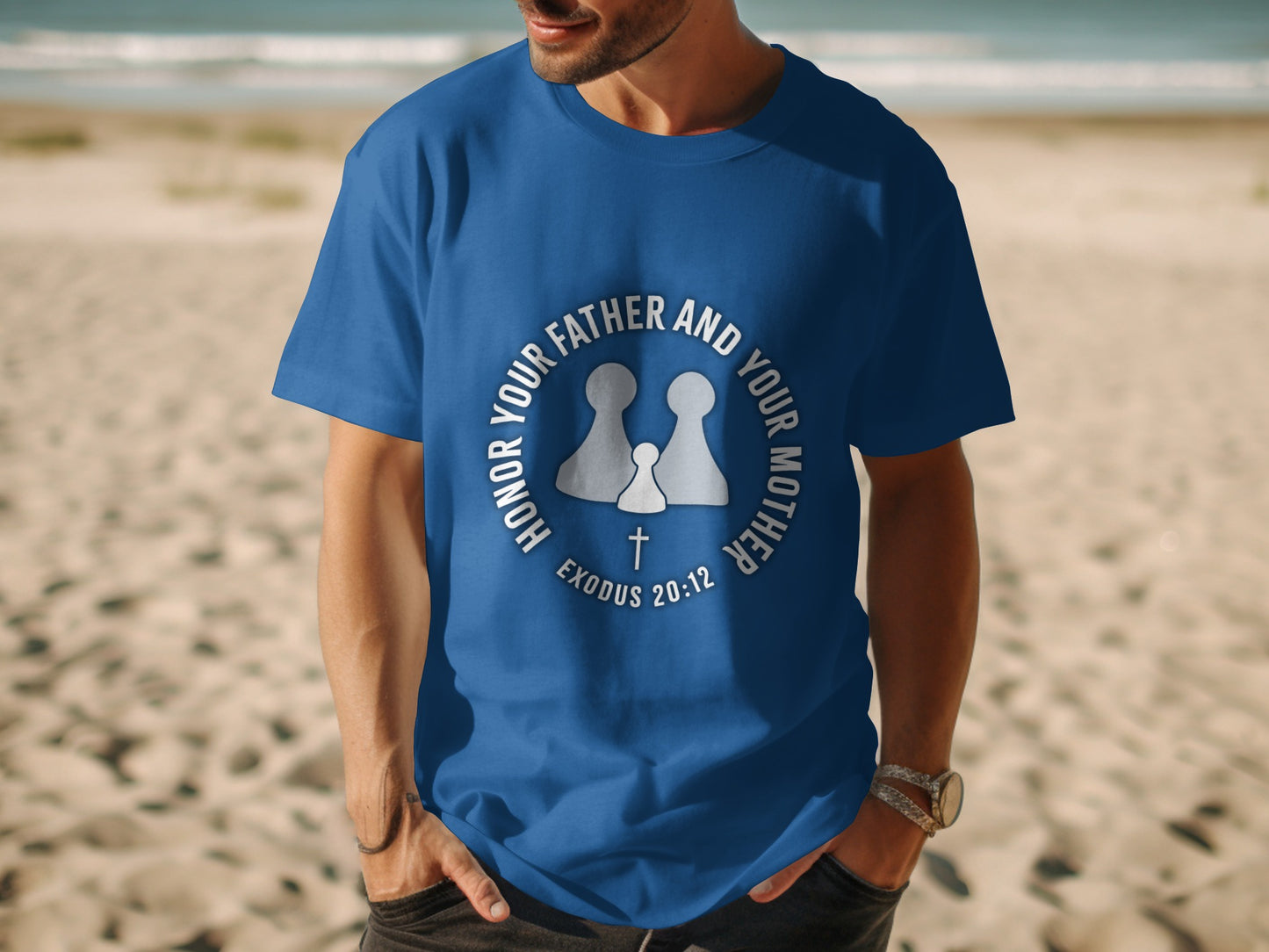 Blue t-shirt with text "HONOR YOUR FATHER AND YOUR MOTHER" and Exodus 20:12.