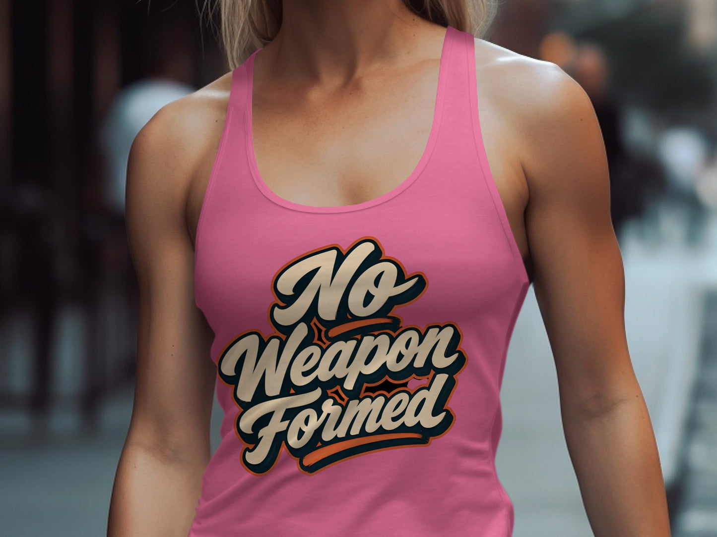 Pink tank top with "No Weapon Formed" text in creamy white and dark blue.