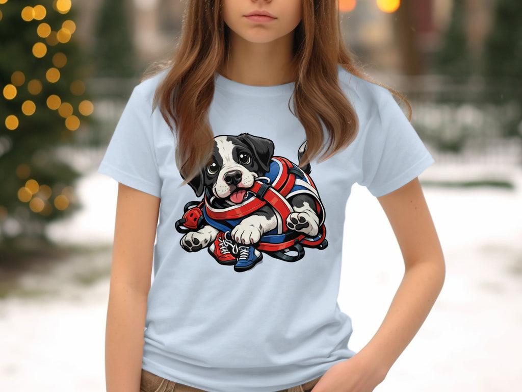 Illustration of a black and white puppy wearing a wrestling singlet and red competition shoes.