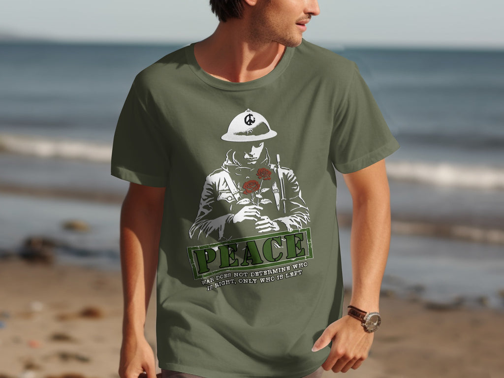 Olive t-shirt with soldier holding roses and peace slogan.