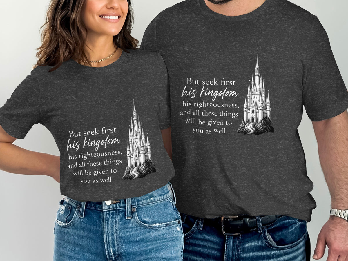 Dark gray t-shirts with "But seek first his kingdom" text and castle graphic.