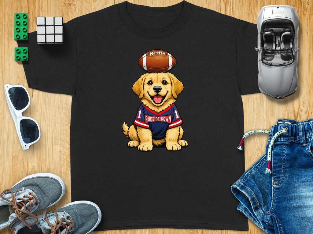 Black t-shirt with golden retriever wearing football jersey with "PUPSIDE-DOWN" text.