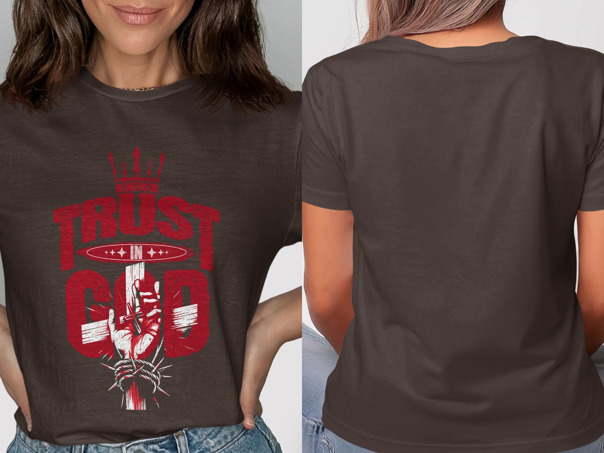 Brown t-shirt with red graphic of a hand holding a cross and "TRUST IN GOD" text.