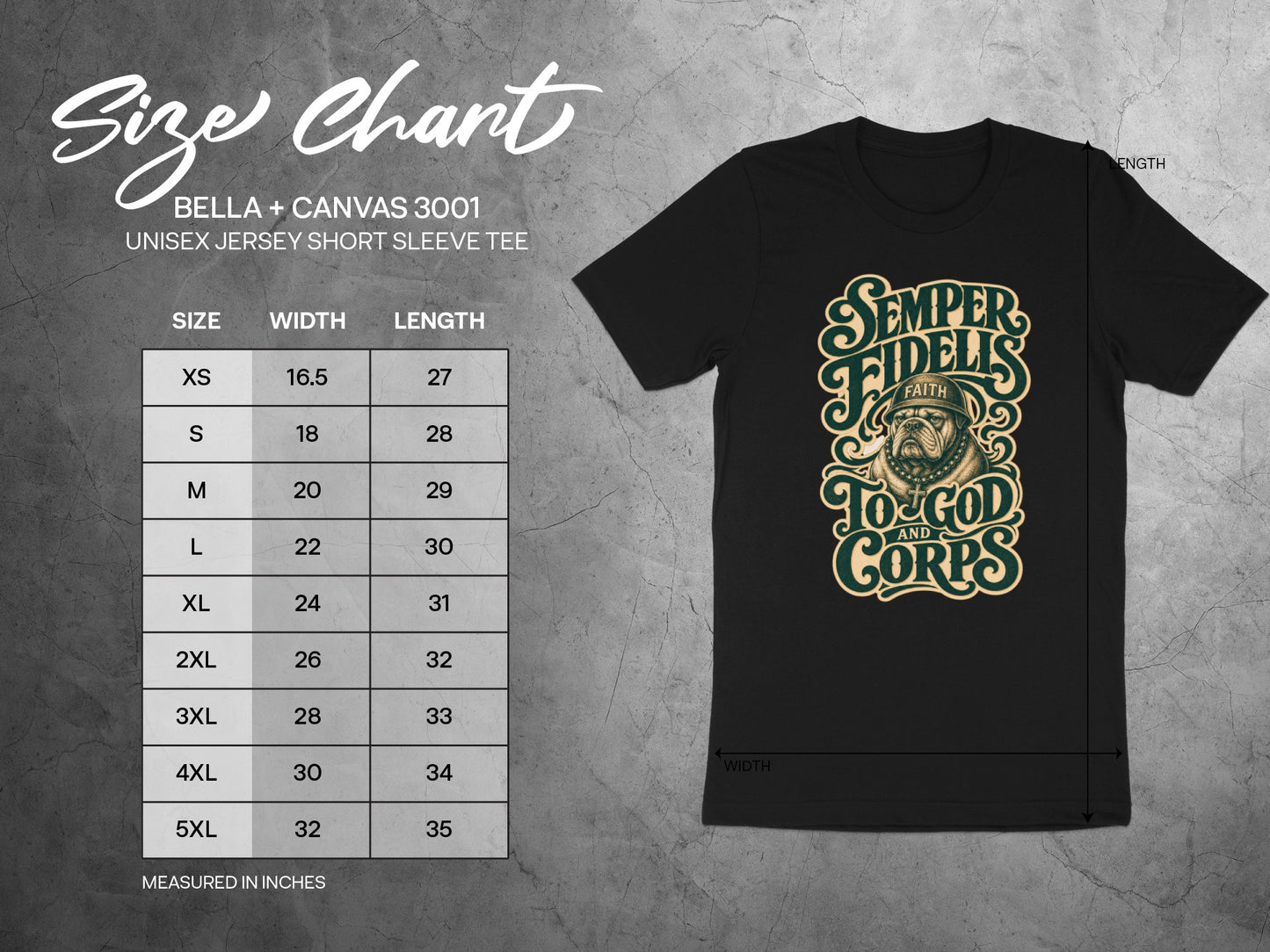 Bella + Canvas 3001 size chart with measurements for shirt width and length.
