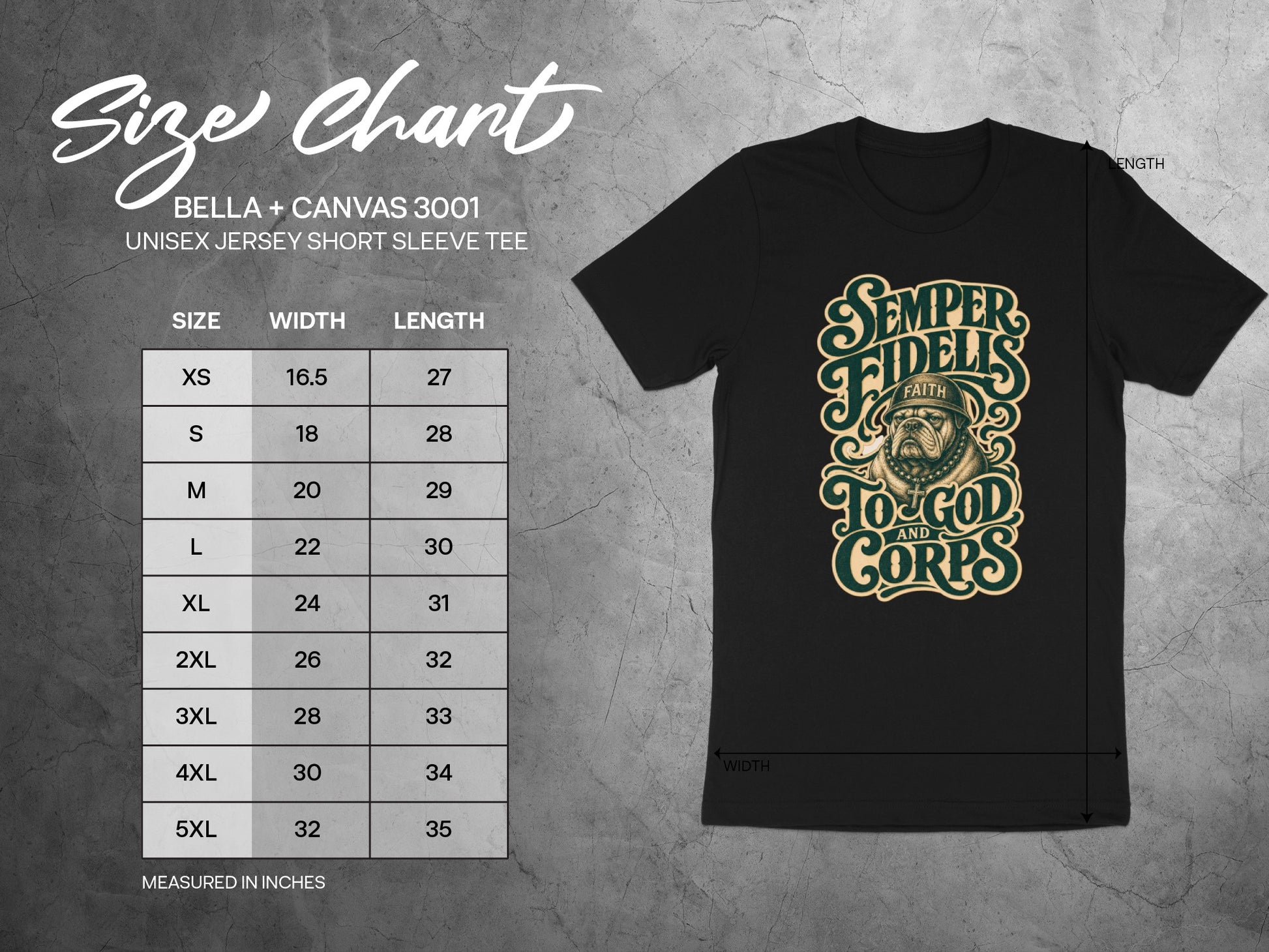 Bella + Canvas 3001 size chart with measurements for shirt width and length.