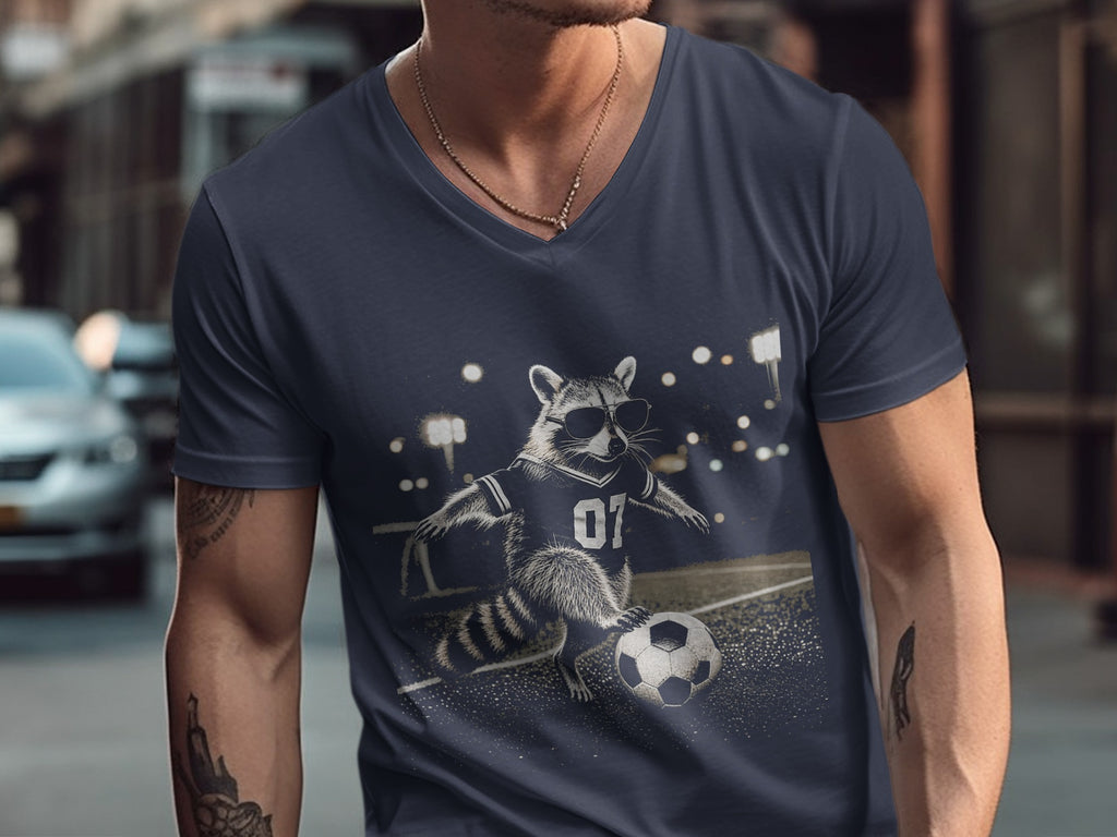Dark blue v-neck t-shirt with a graphic of a raccoon wearing sunglasses and a jersey with the number 07 playing soccer.