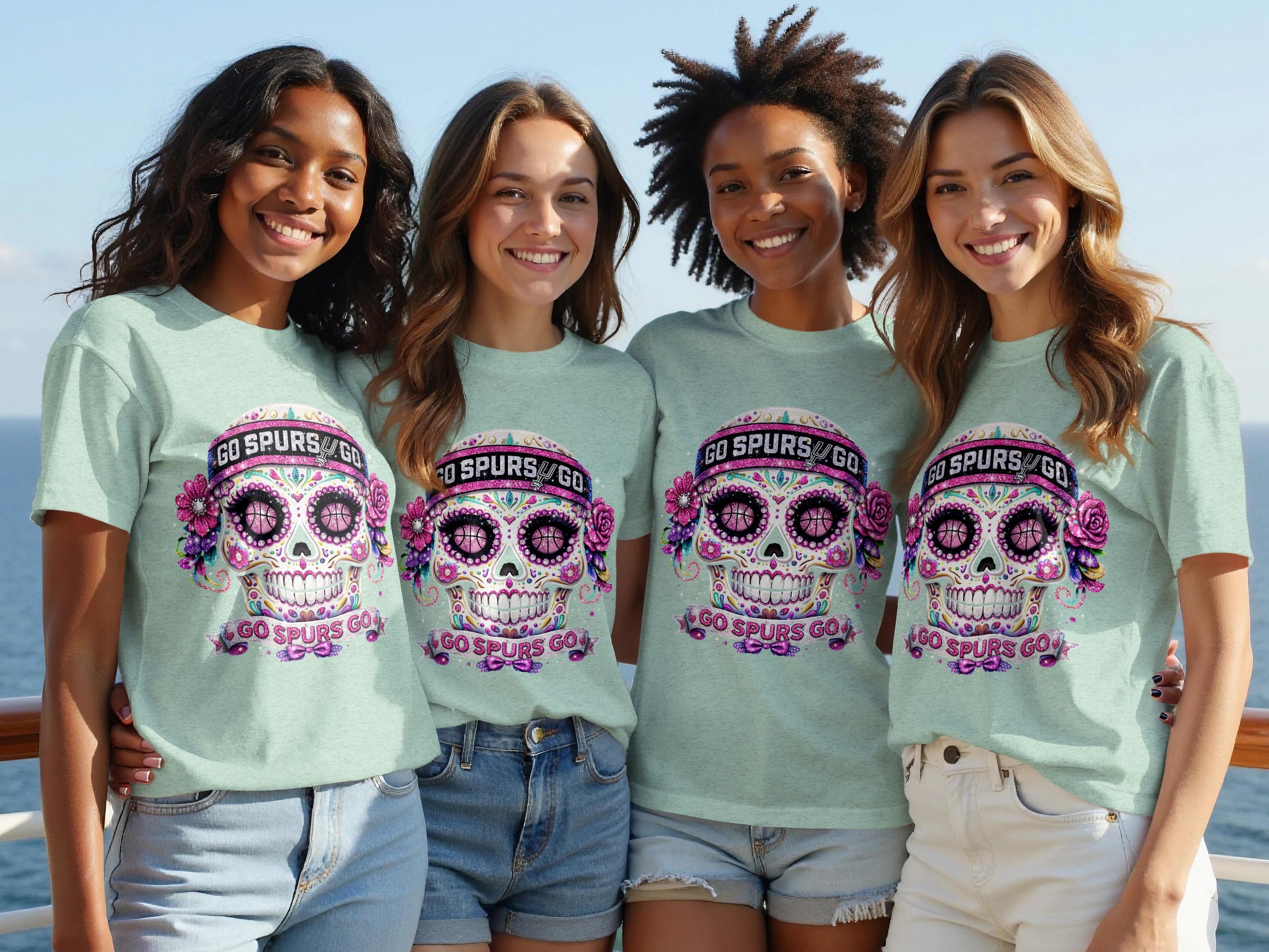 Four women wear matching light blue t-shirts featuring a sugar skull with basketball eyes and "Go Spurs Go" text.