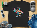 Black t-shirt with cartoon boy in Spurs gear holding a #1 foam finger.