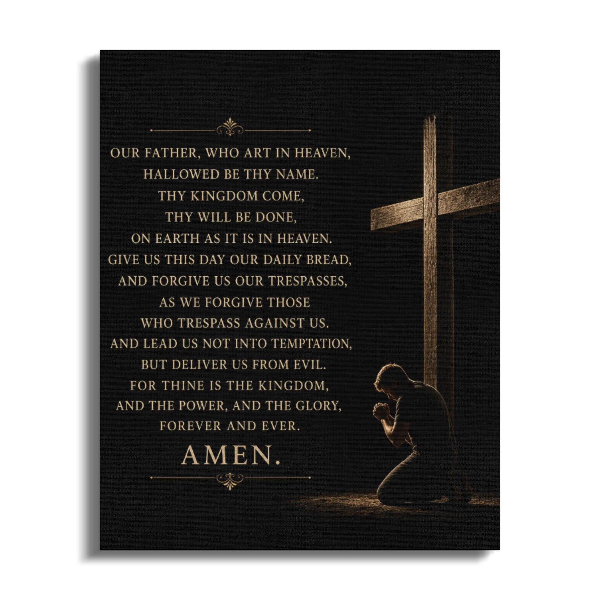 The Lord's Prayer on canvas with a man praying beside a wooden cross.