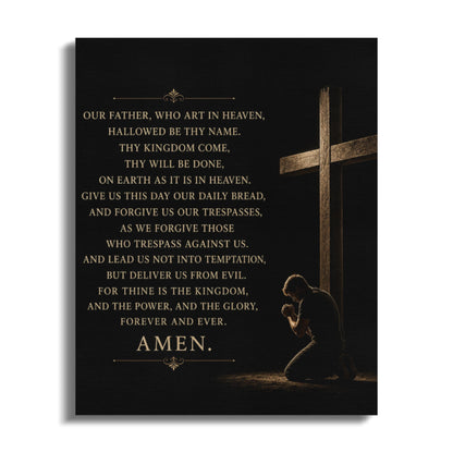 The Lord's Prayer on canvas with a man praying beside a wooden cross.