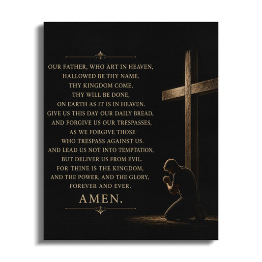 The Lord's Prayer on canvas with a man praying beside a wooden cross.