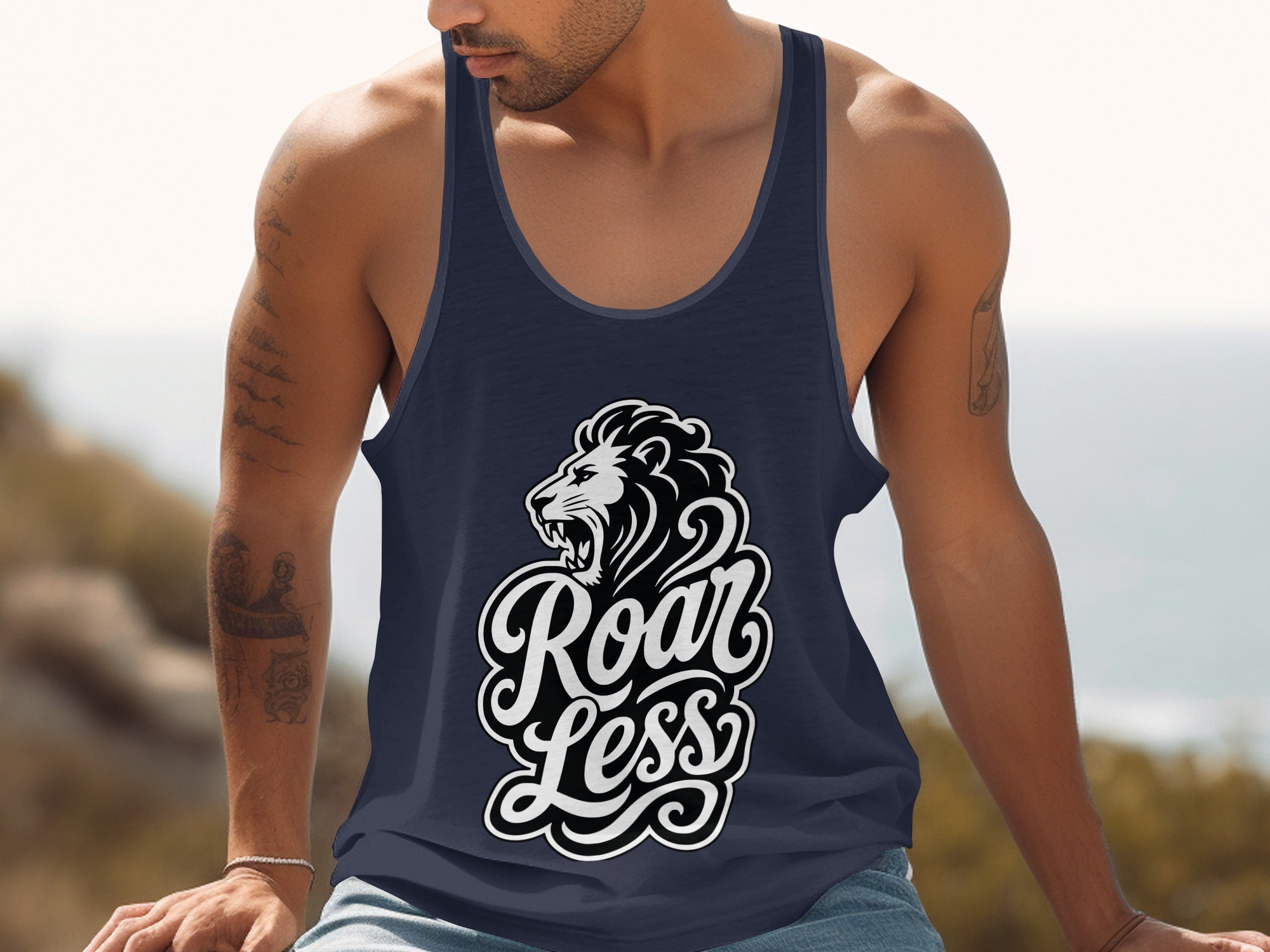 Navy tank top with lion graphic and text "Roar Less"