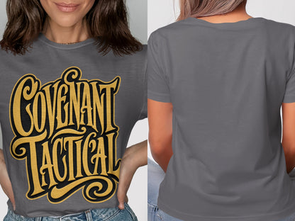 Grey t-shirt with "COVENANT TACTICAL" in gold, stylized lettering.