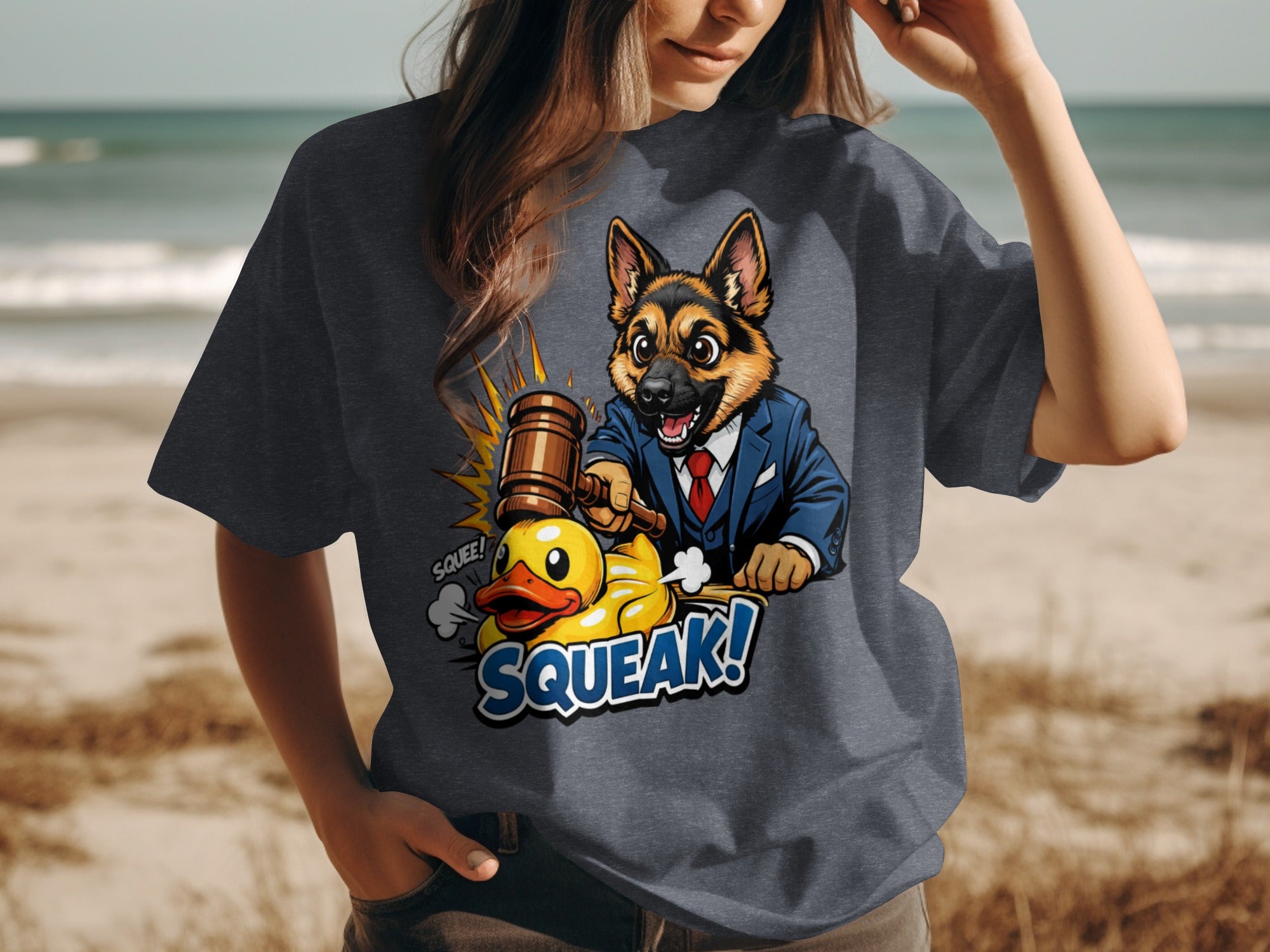 German Shepherd in suit bangs gavel on yellow rubber duck with text "SQUEE!" and "SQUEAK!".