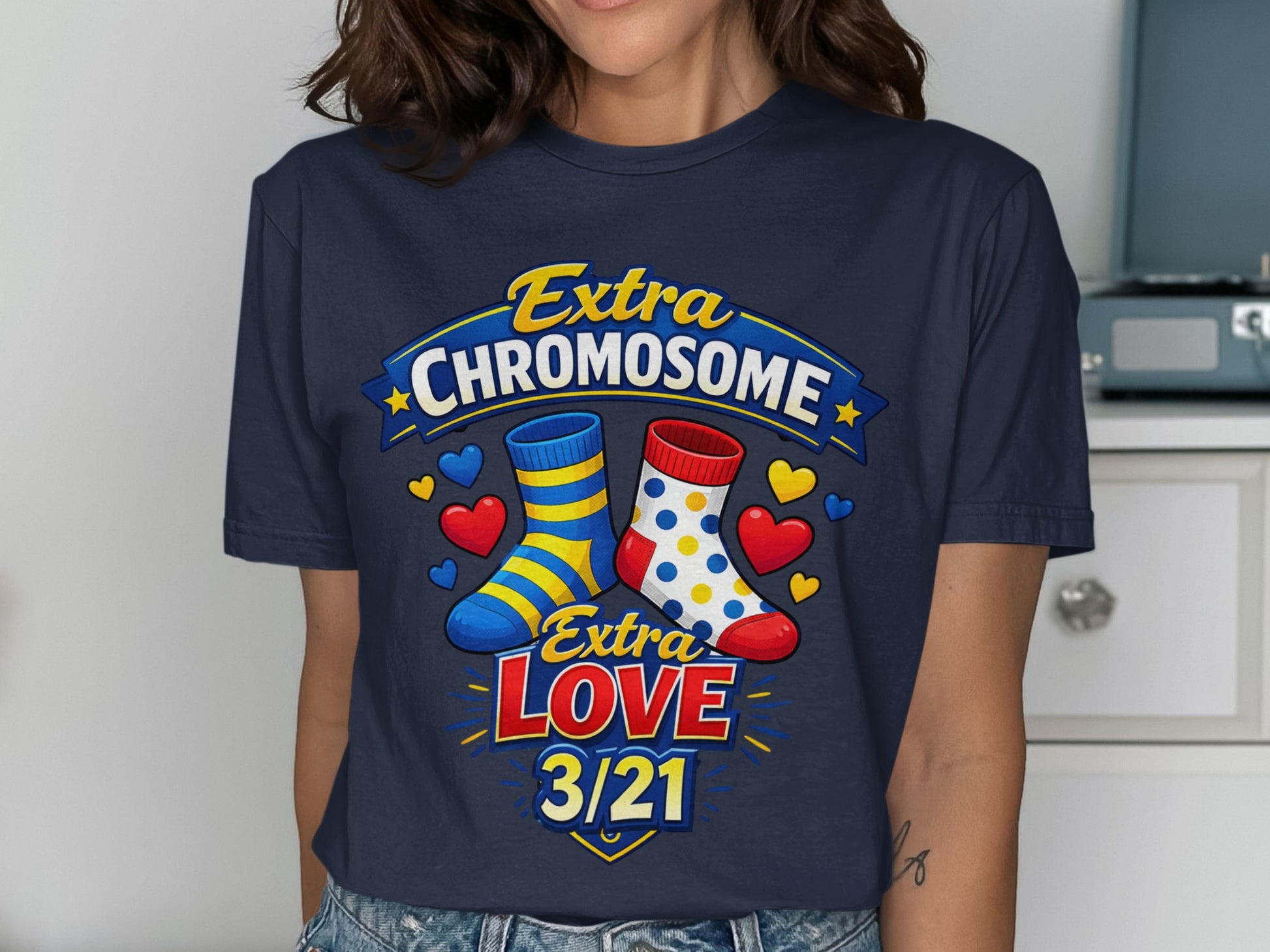 Extra Chromosome Extra Love 3/21 socks design with hearts.