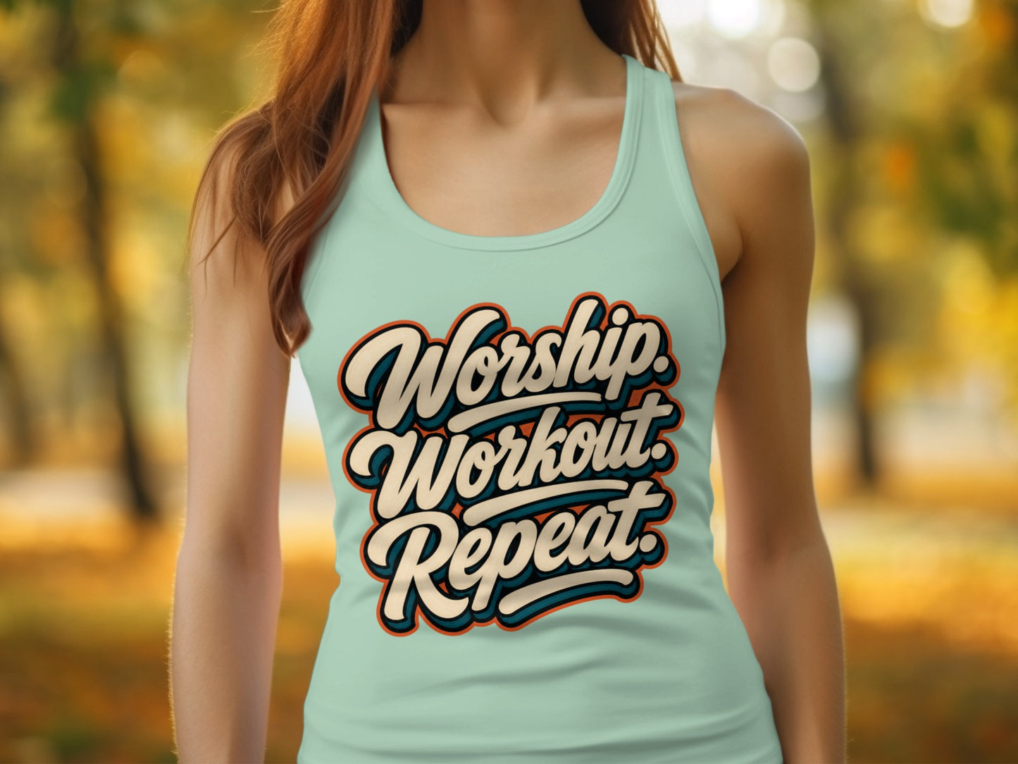 Pale blue tank top with "Worship. Workout. Repeat." text in layered font.