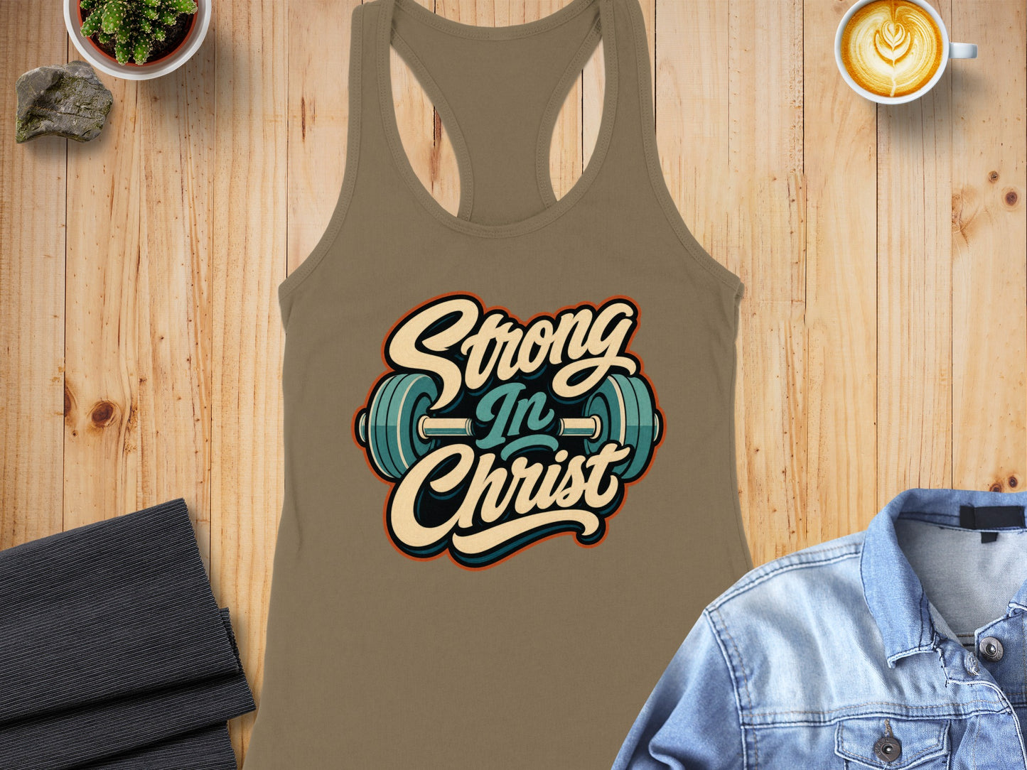 Taupe tank top with "Strong In Christ" text above a barbell graphic.