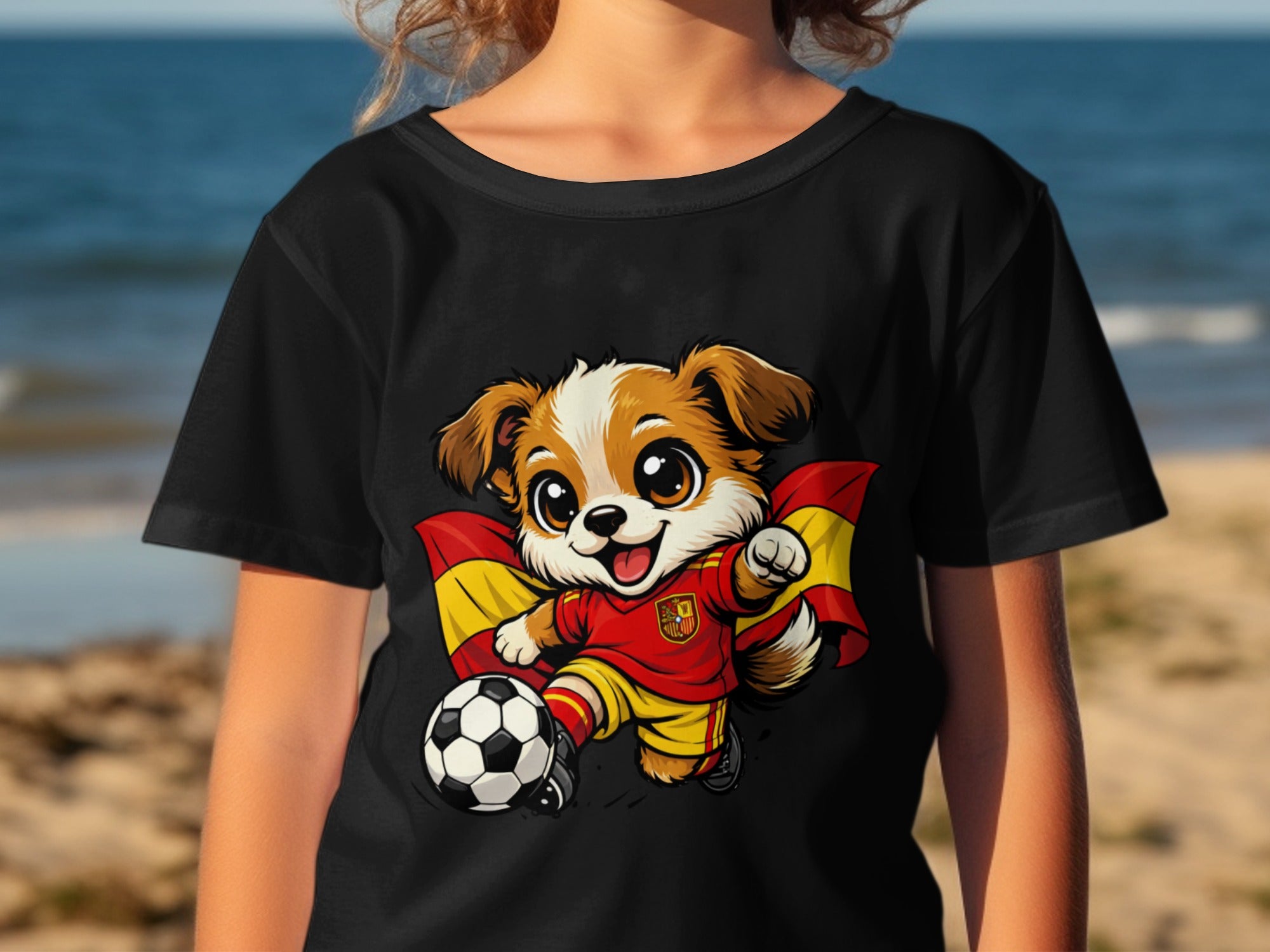 Cartoon puppy in soccer uniform kicks ball with Spanish flag draped like cape.