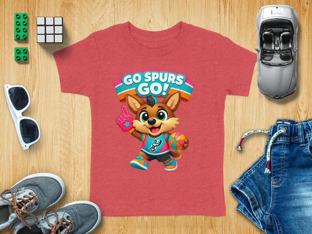 Kid's red t-shirt with cartoon mascot and "Go Spurs Go!" text.
