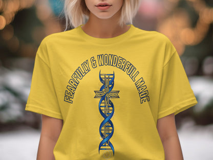 Yellow t-shirt with "Fearfully & Wonderfully Made" text and a cross DNA graphic.