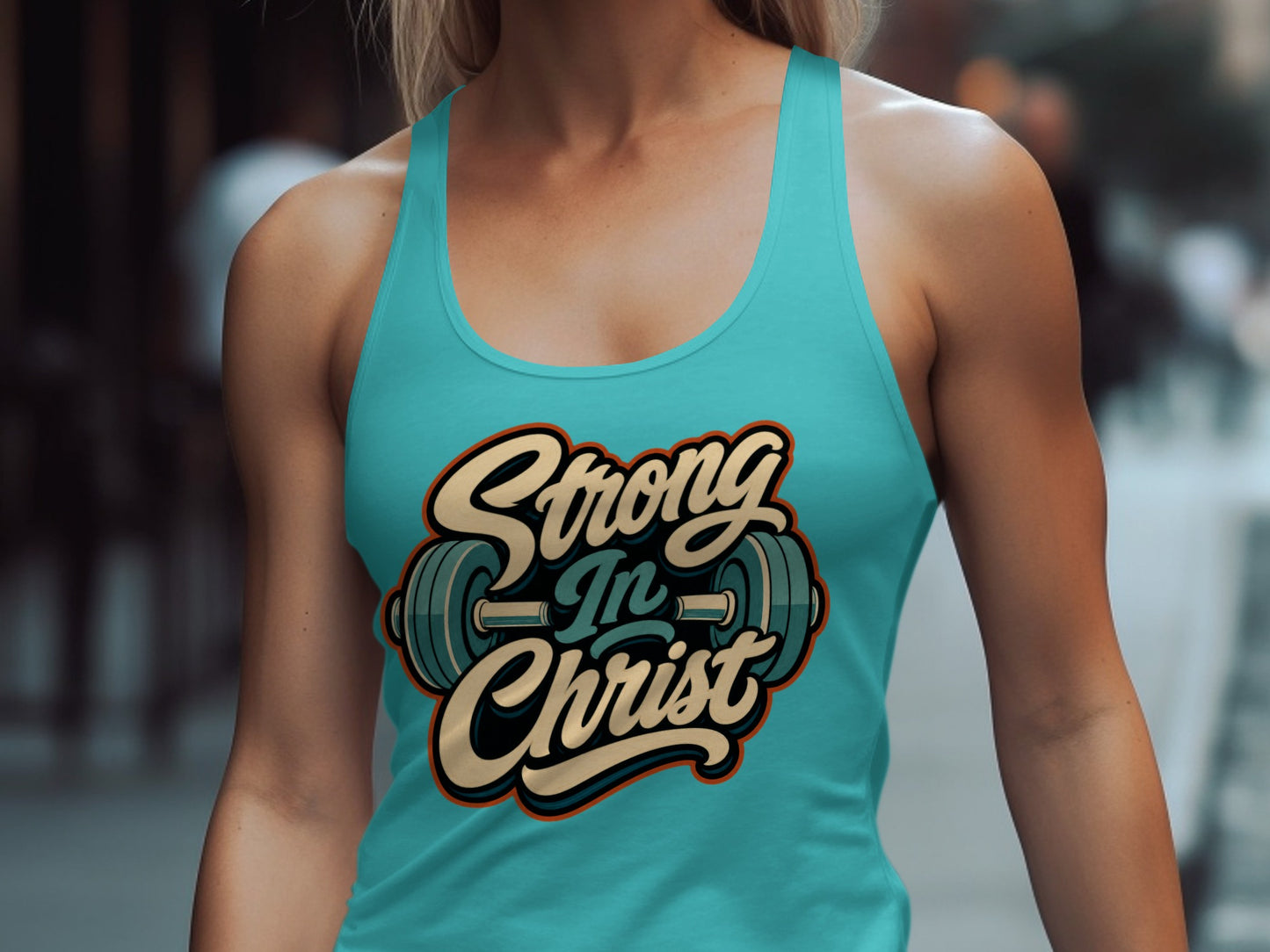 Teal tank top with "Strong In Christ" and barbell graphic.
