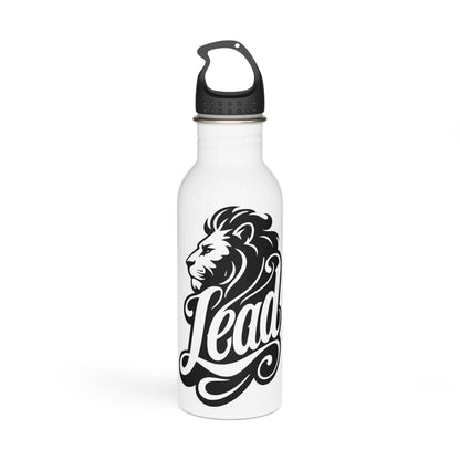 White water bottle with black lion head and "Lead" text logo.
