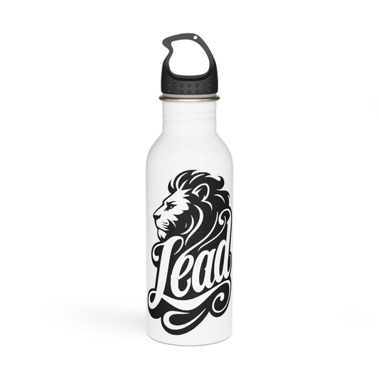 White water bottle with black lion head and "Lead" text logo.