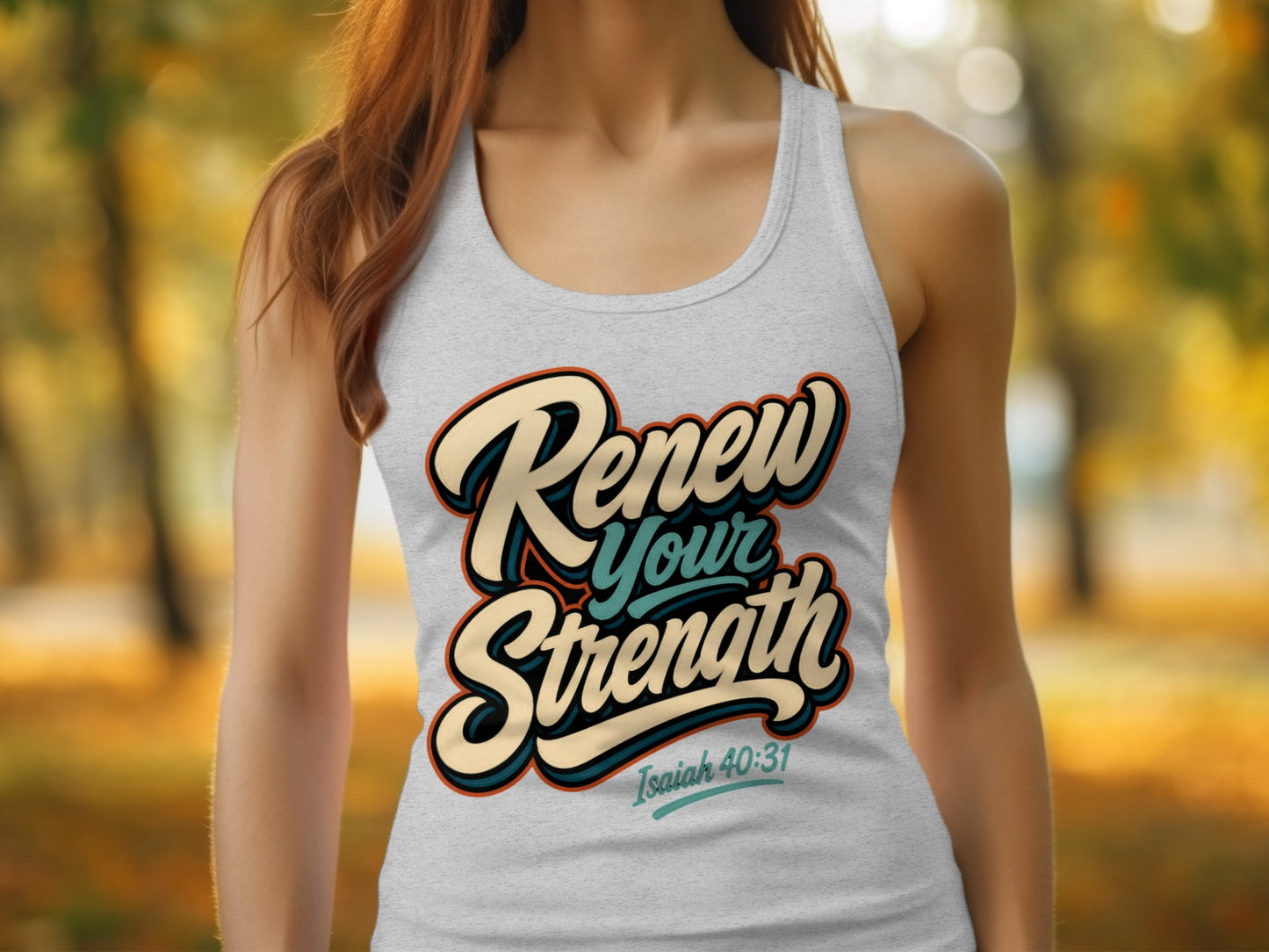 Light grey tank top with "Renew Your Strength Isaiah 40:31" graphic on chest.