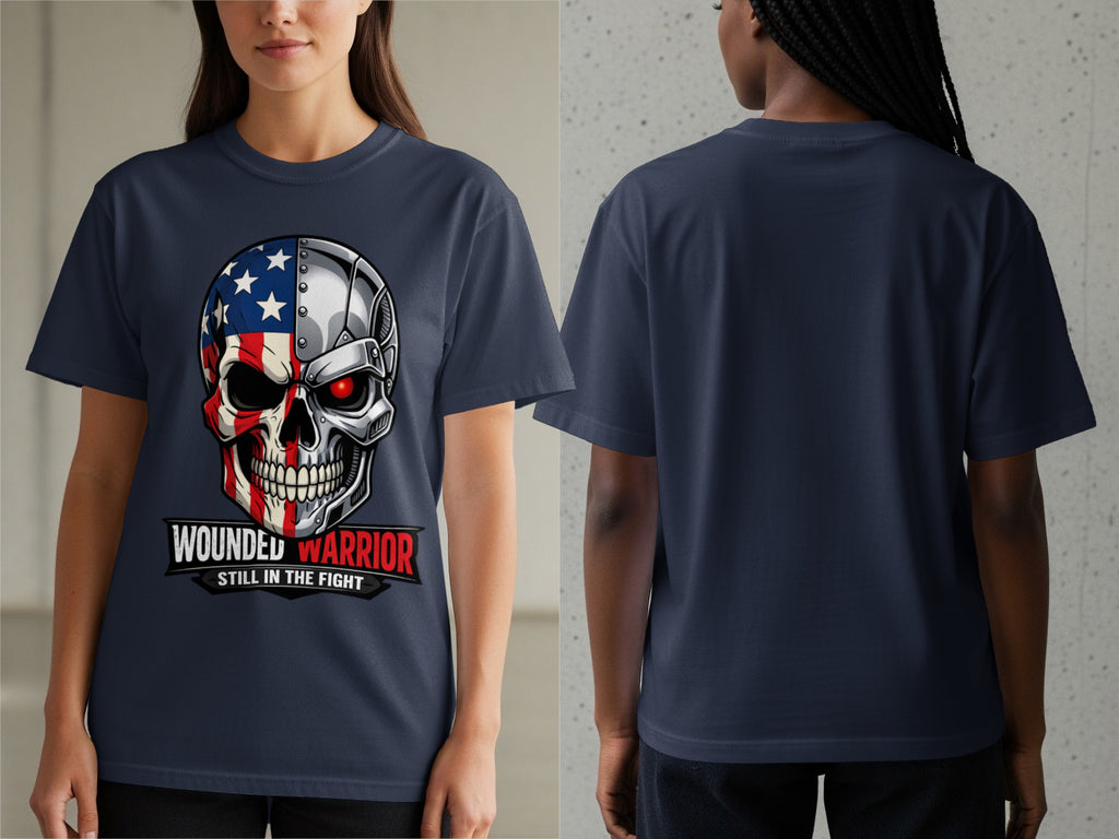 Navy t-shirt with a skull graphic featuring American flag elements and text.