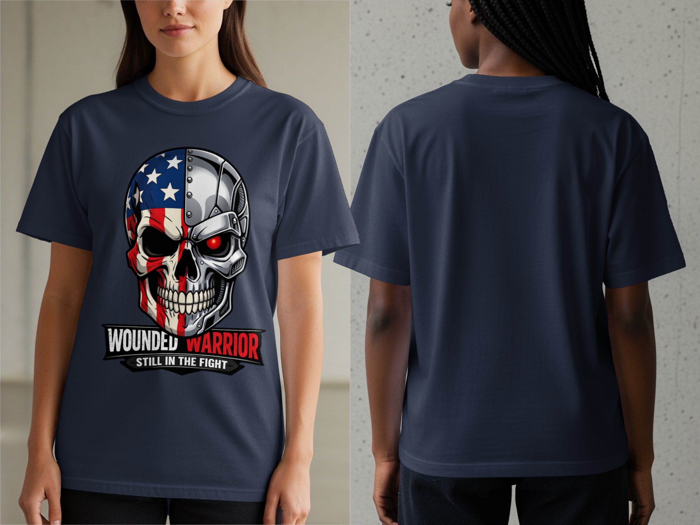 Navy t-shirt with a skull graphic featuring American flag elements and text.