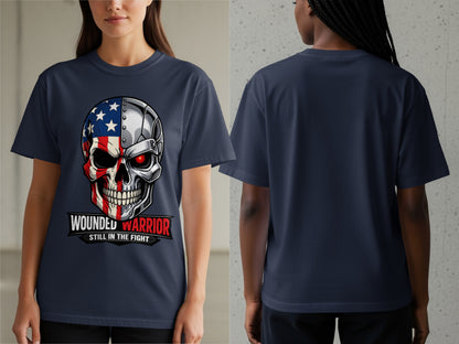 Navy t-shirt with a skull graphic featuring American flag elements and text.