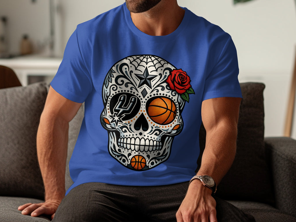 Blue t-shirt with sugar skull graphic featuring basketball and San Antonio Spurs logo.