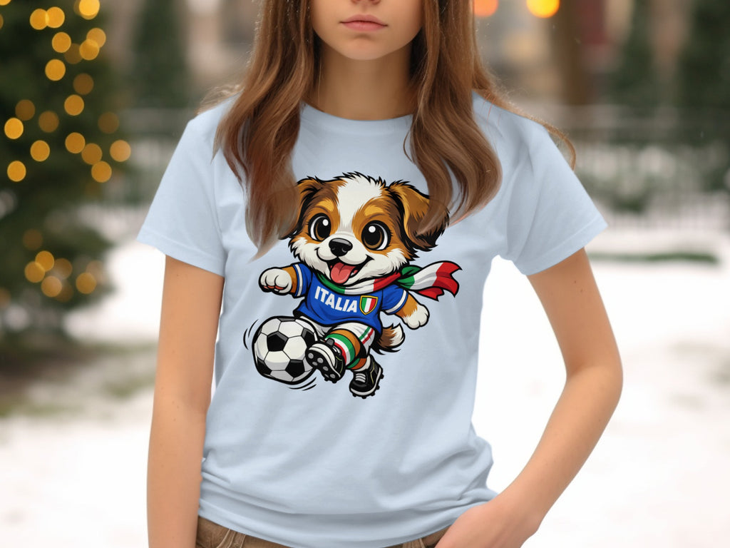 Cartoon dog wearing an "Italia" soccer jersey and scarf kicks a soccer ball.