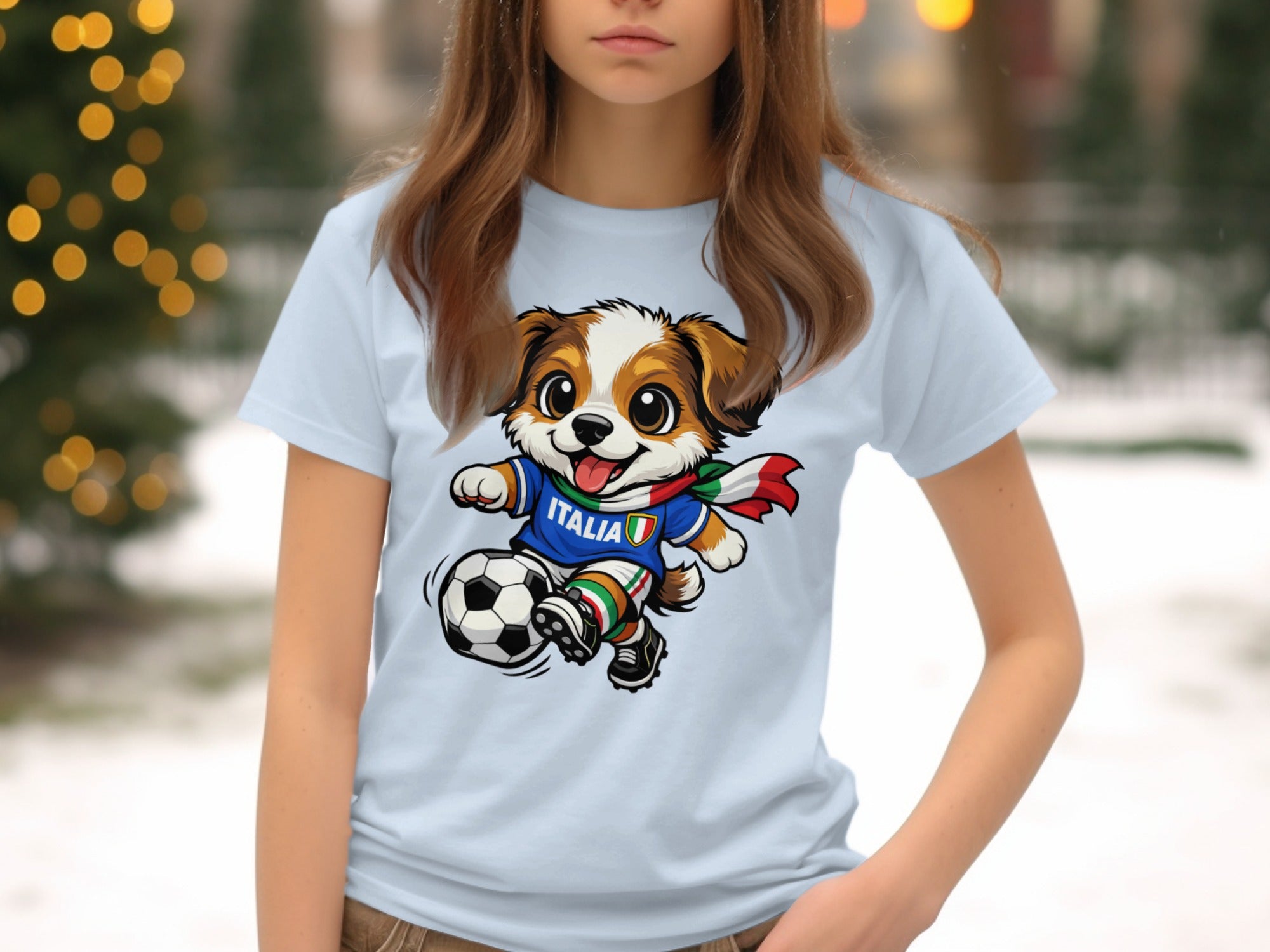 Cartoon dog wearing an "Italia" soccer jersey and scarf kicks a soccer ball.