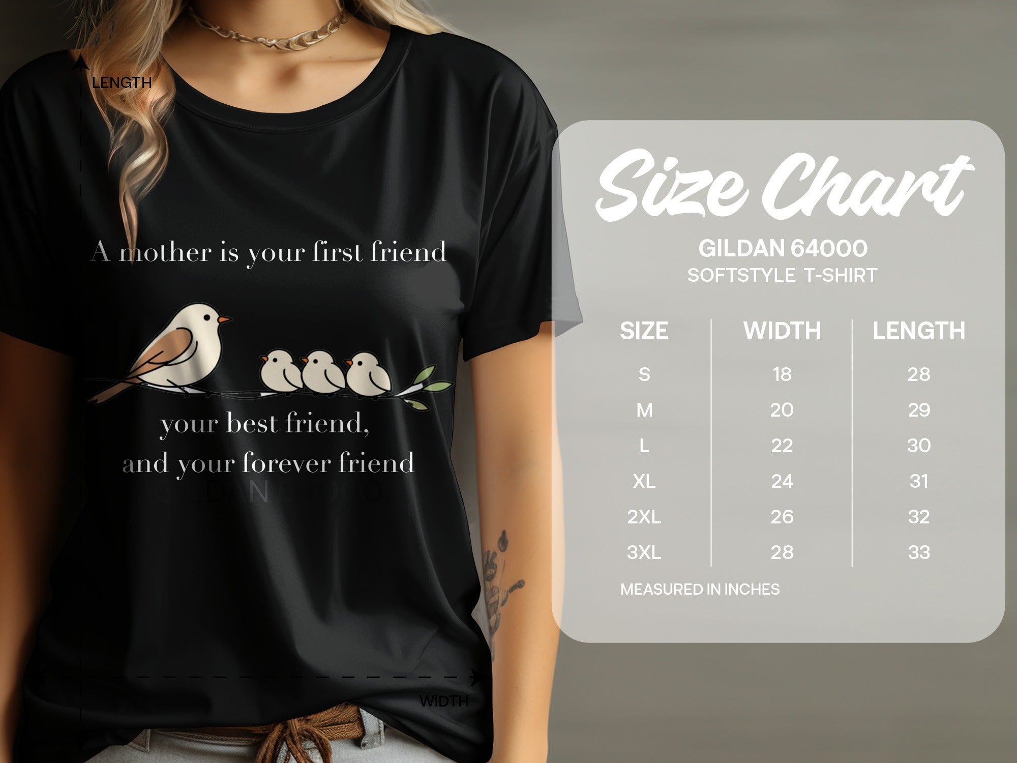 Black t-shirt with birds and text "A mother is your first friend, your best friend, and your forever friend". Size chart included.