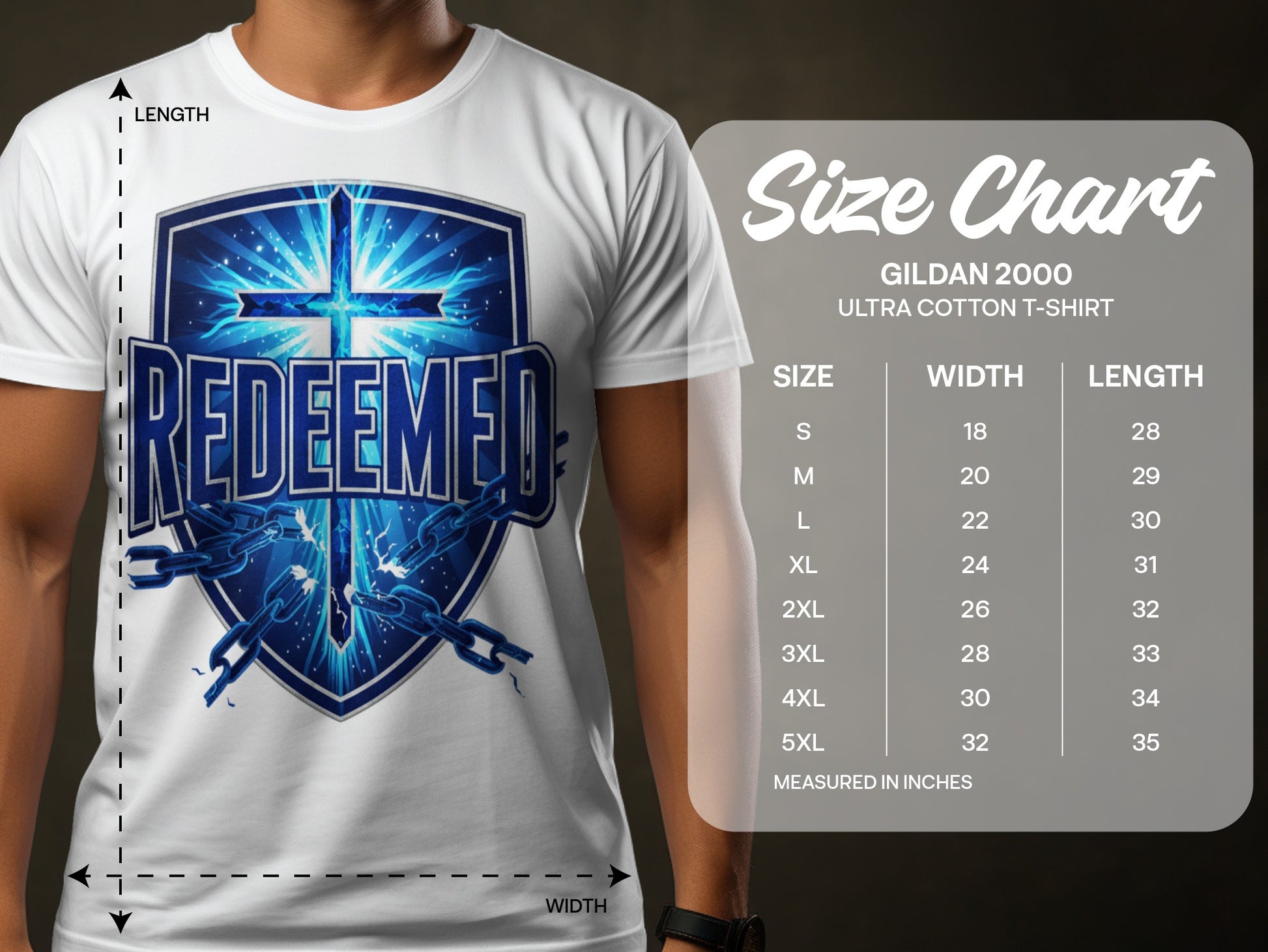 White t-shirt with shield graphic and size chart for Gildan 2000 Ultra Cotton t-shirts.