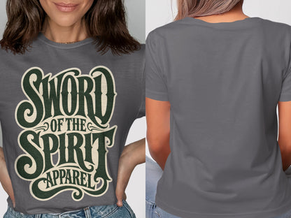 Dark gray t-shirt with "Sword of the Spirit Apparel" text on front and plain back.