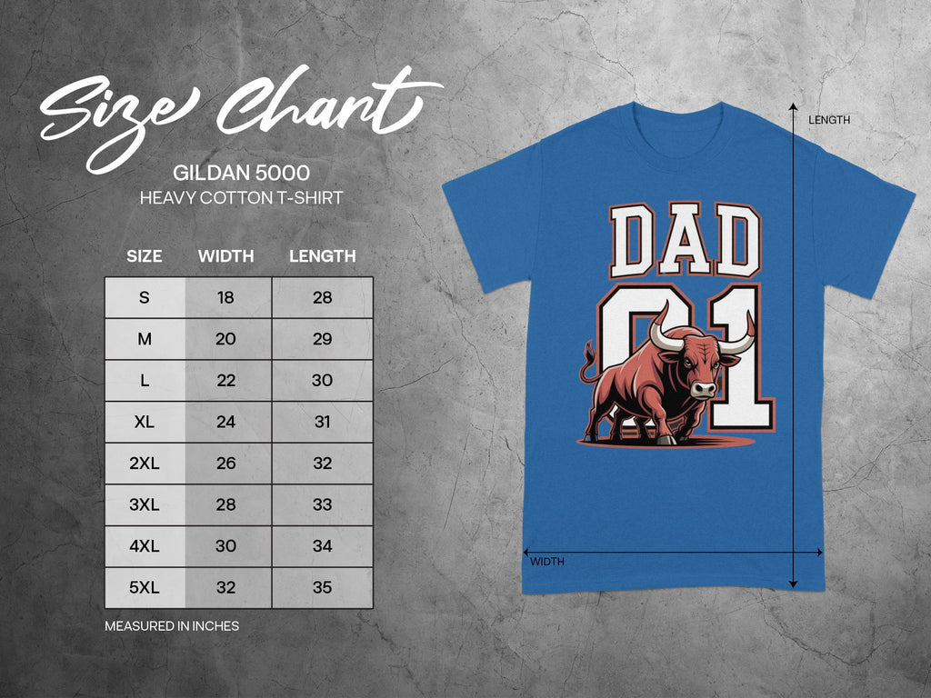 Gildan 5000 heavy cotton t-shirt size chart with width and length measurements in inches.