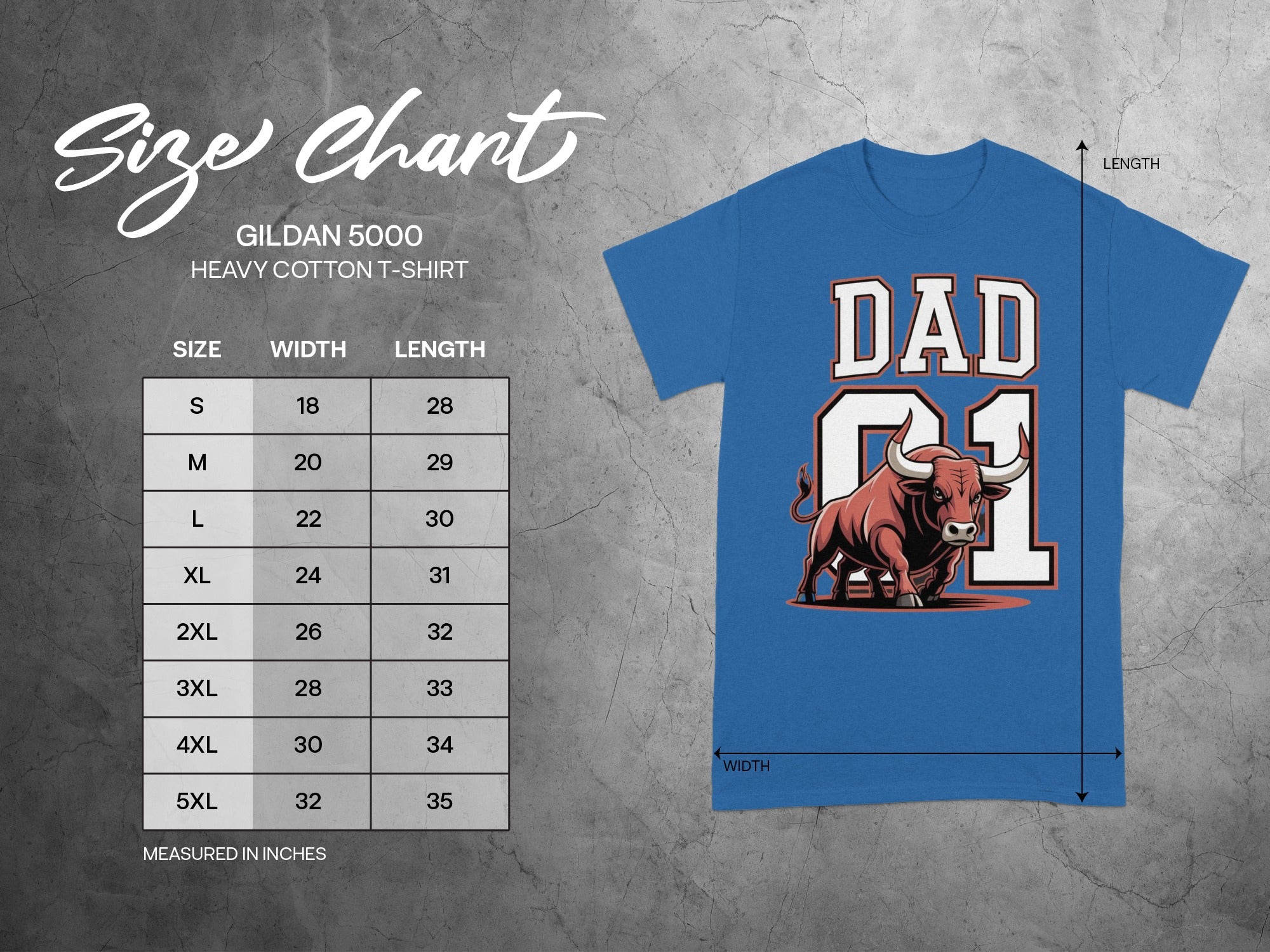 Gildan 5000 heavy cotton t-shirt size chart with width and length measurements in inches.