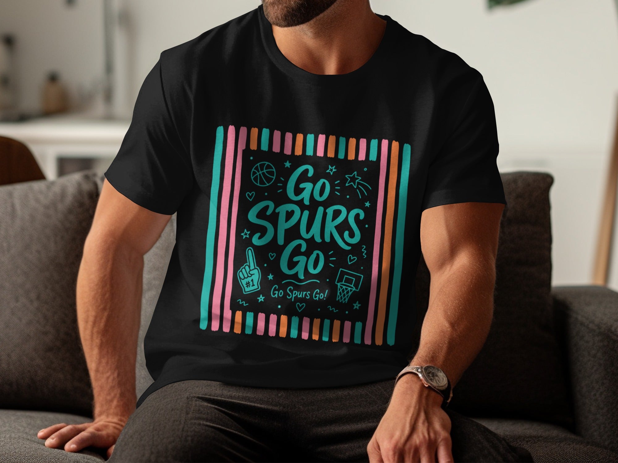 Black t-shirt with "Go Spurs Go!" text and basketball-themed graphics.