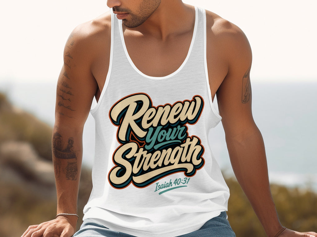 White tank top with "Renew Your Strength Isaiah 40:31" graphic.