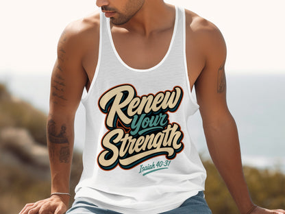 White tank top with "Renew Your Strength Isaiah 40:31" graphic.