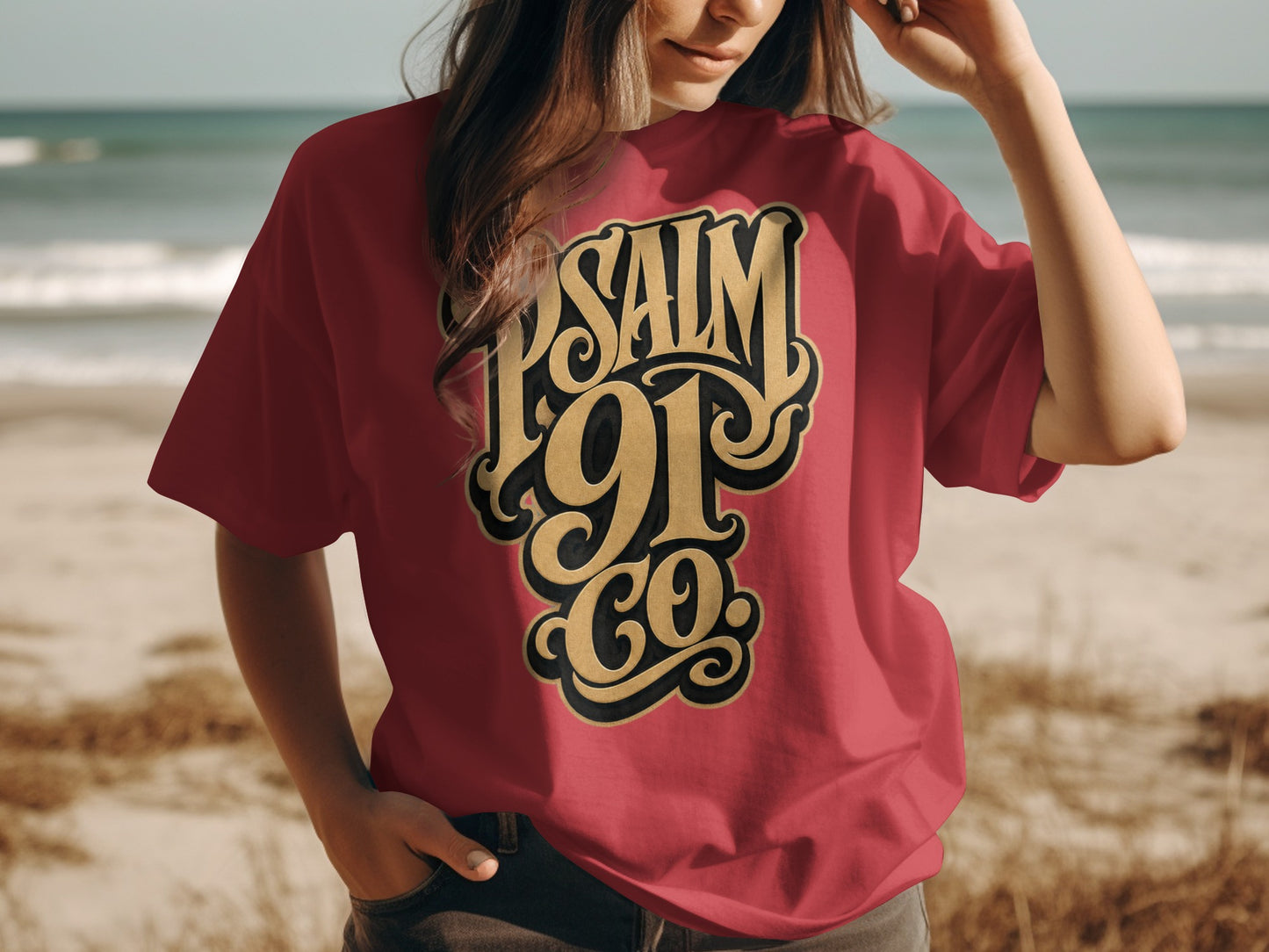 Red t-shirt with gold and black "PSALM 91 CO." text on chest.
