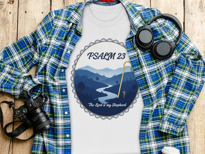 White t-shirt with Psalm 23 design featuring a landscape and the text "The Lord is my Shepherd."