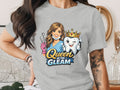 Cartoon illustration of a dentist and a crowned tooth with "Queen of the Gleam" text.