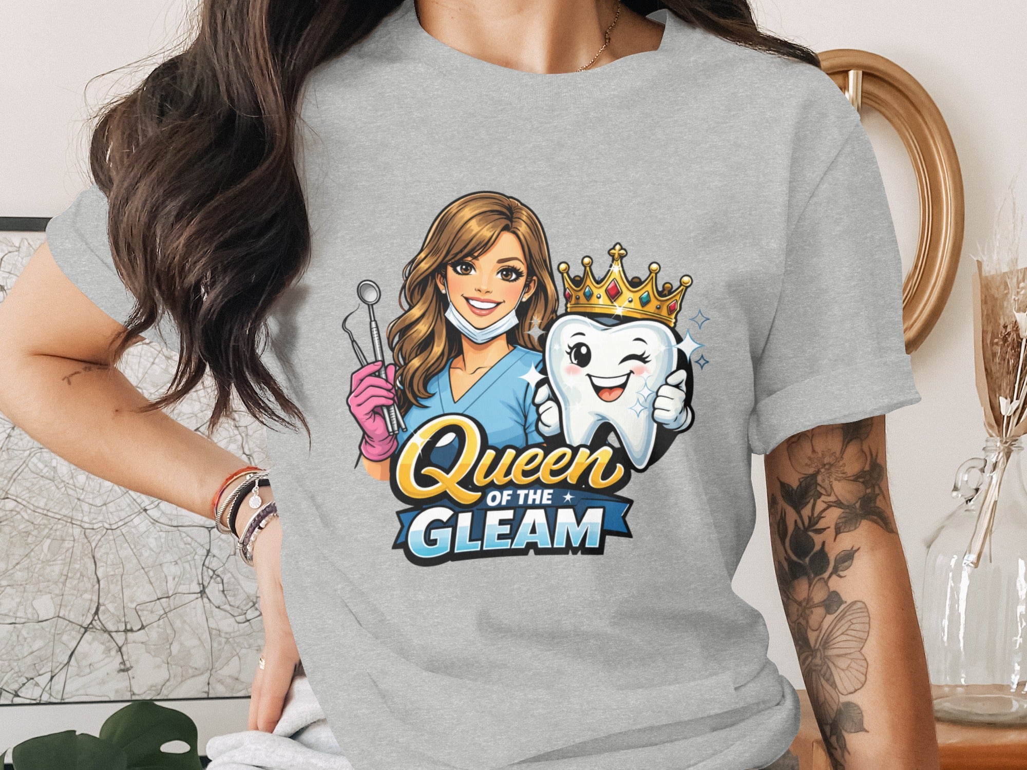 Cartoon illustration of a dentist and a crowned tooth with "Queen of the Gleam" text.