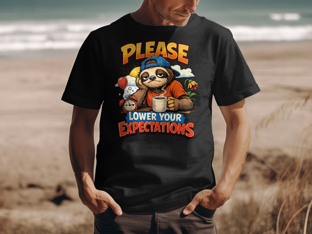 T-shirt graphic of a sloth in a blue cap with coffee, alarm clock, and text "PLEASE LOWER YOUR EXPECTATIONS".