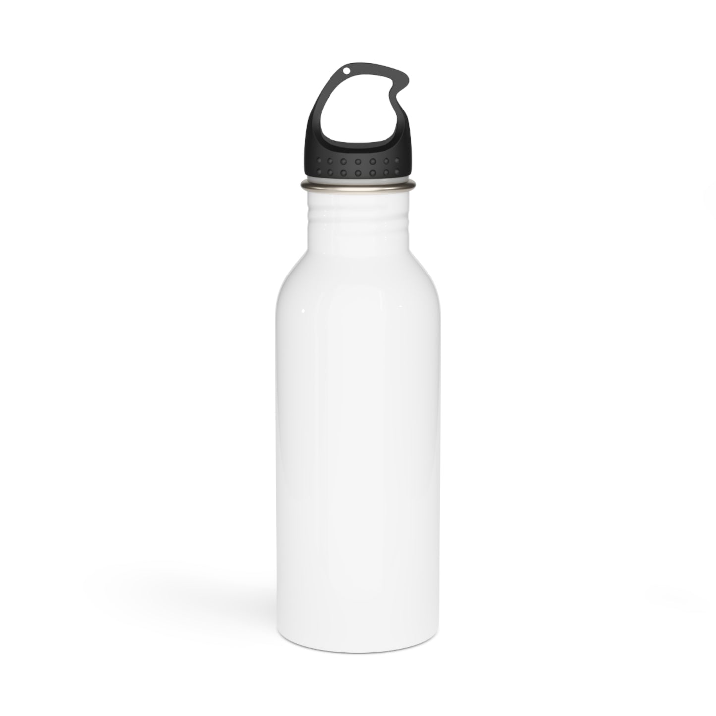 White metal water bottle with black lid and carrying loop.