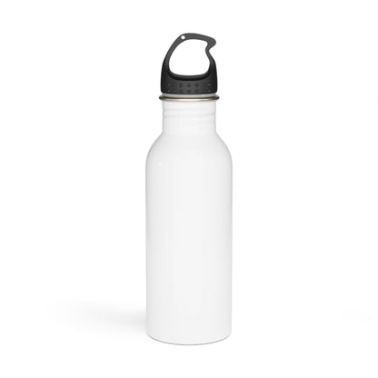 White metal water bottle with black lid and carrying loop.